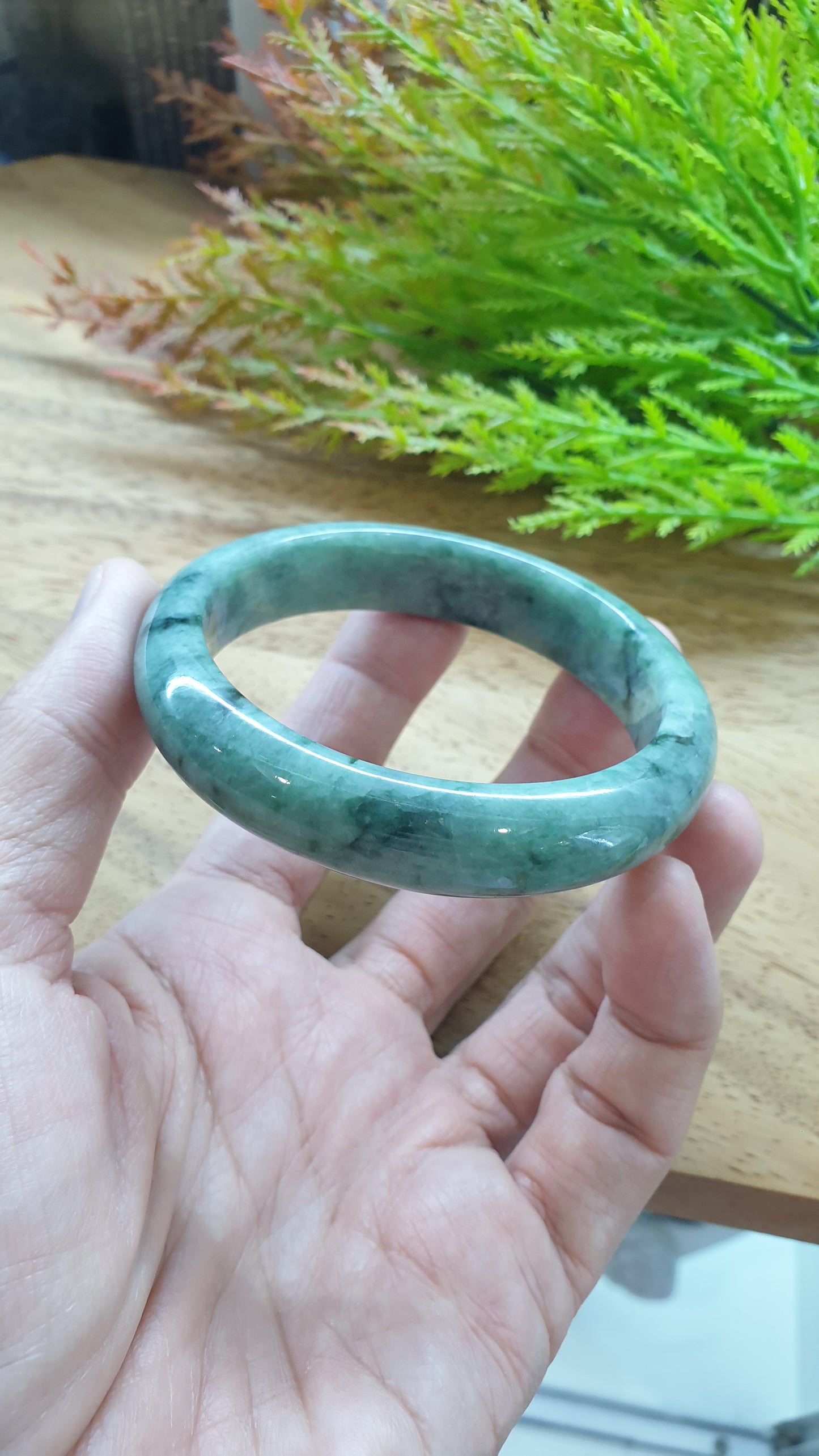 Jade Bangle S58.5 Type A Myanmar Jadeite Speckled Natural Moss Green