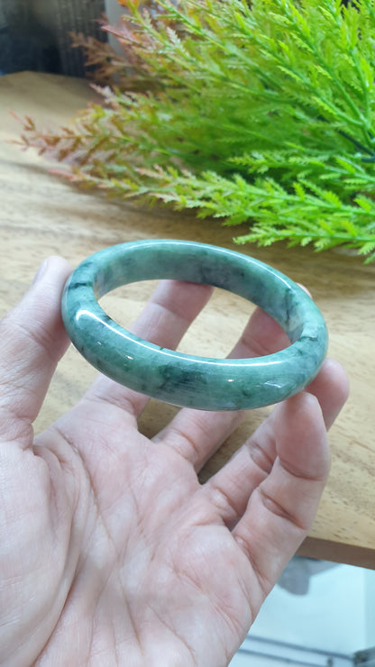 Jade Bangle S58.5 Type A Myanmar Jadeite Speckled Natural Moss Green
