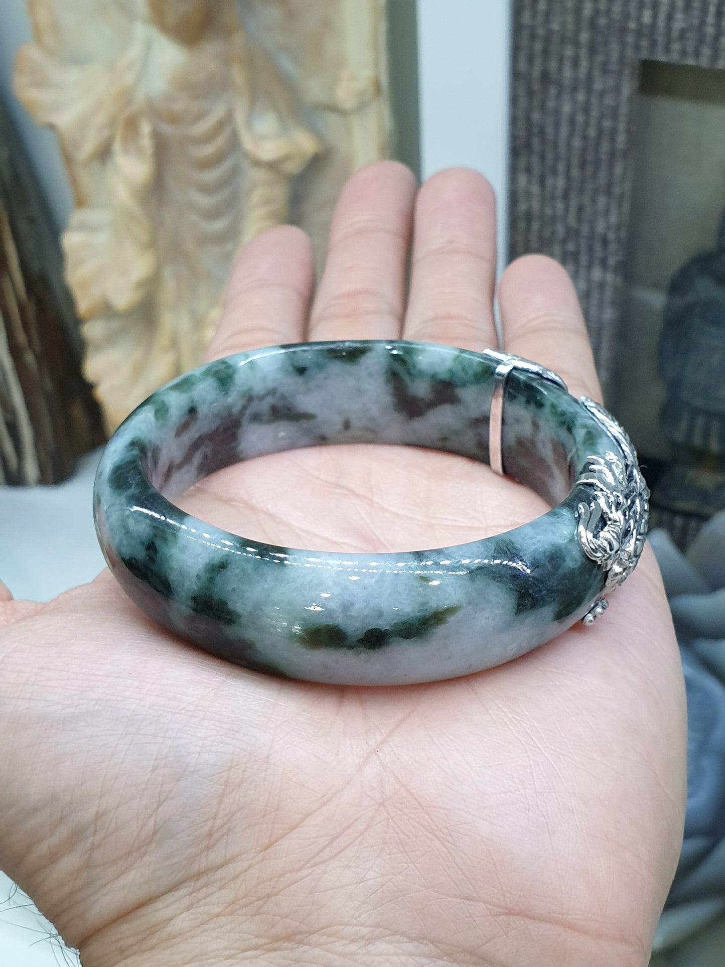 Fortune Dragon Jade Bangle (S 59) | Sterling Silver | Type A Natural Jadeite | Statement Wrist Accessory