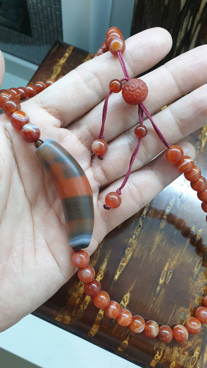 Sardonyx Dzi Necklace 18 inch Natural Red-Banded Gemstone Beads
