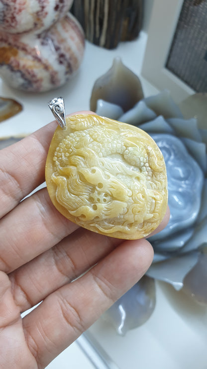 Genuine Honey Jade Dragon Pendant 🐉| Type A Natural Jadeite | Authentic Sterling Silver