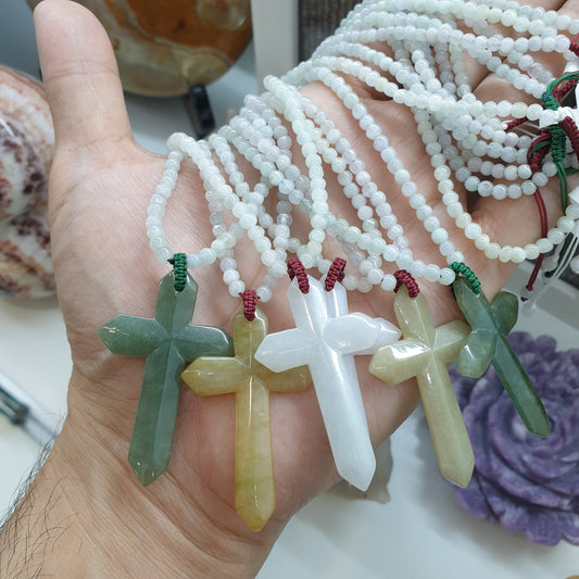 Jade Cross on White Jade beaded Necklace (18") | Fei Cui Type A Jadeite