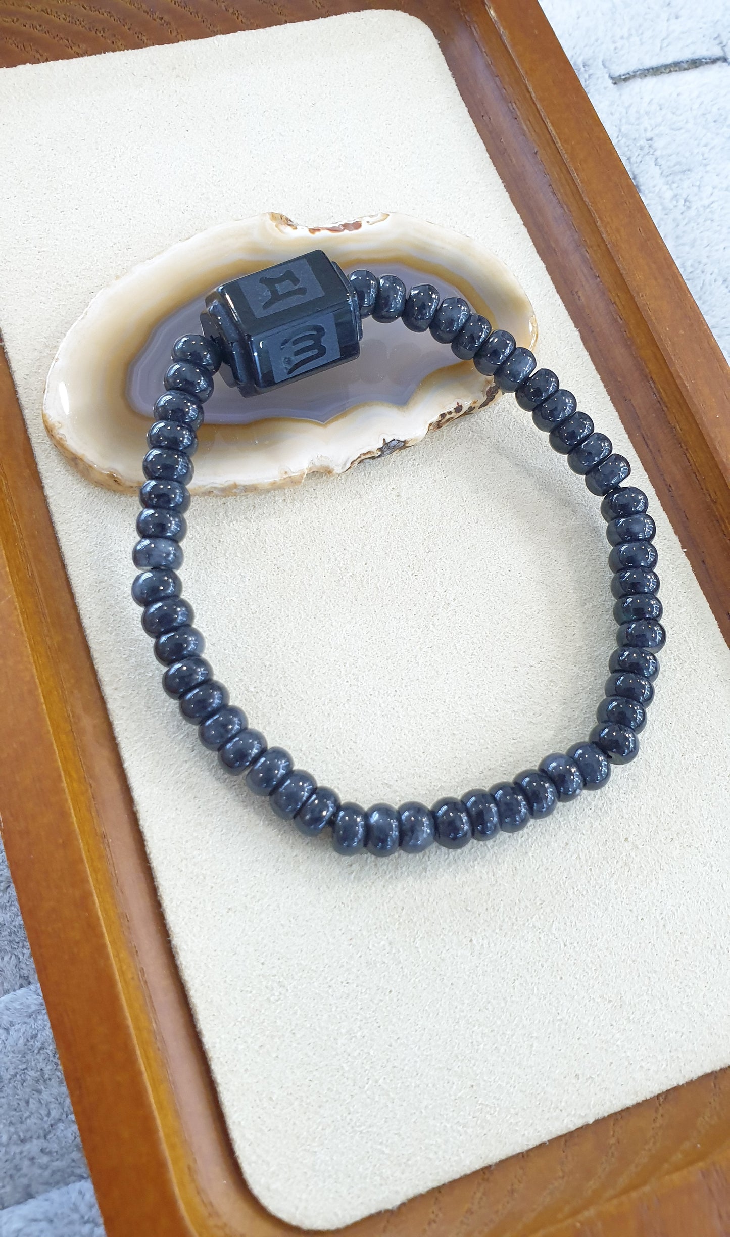 Type A Black Jade Mani Mantra Bracelet 17cm with Om Mani Padme Hum Charms