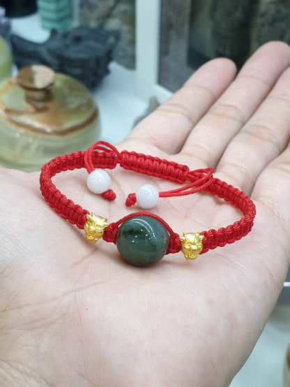 Jade Bead & Gold Lucky Charm in Red Thread Bracelet (Adjustable) | Pure 24K Gold | Fei Cui - Type A Jadeite
