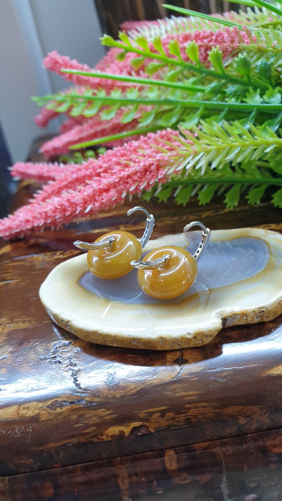 Honey Orange Jade Ping An Kou Sterling Silver Hoop Earrings Type A Natural Jadeite