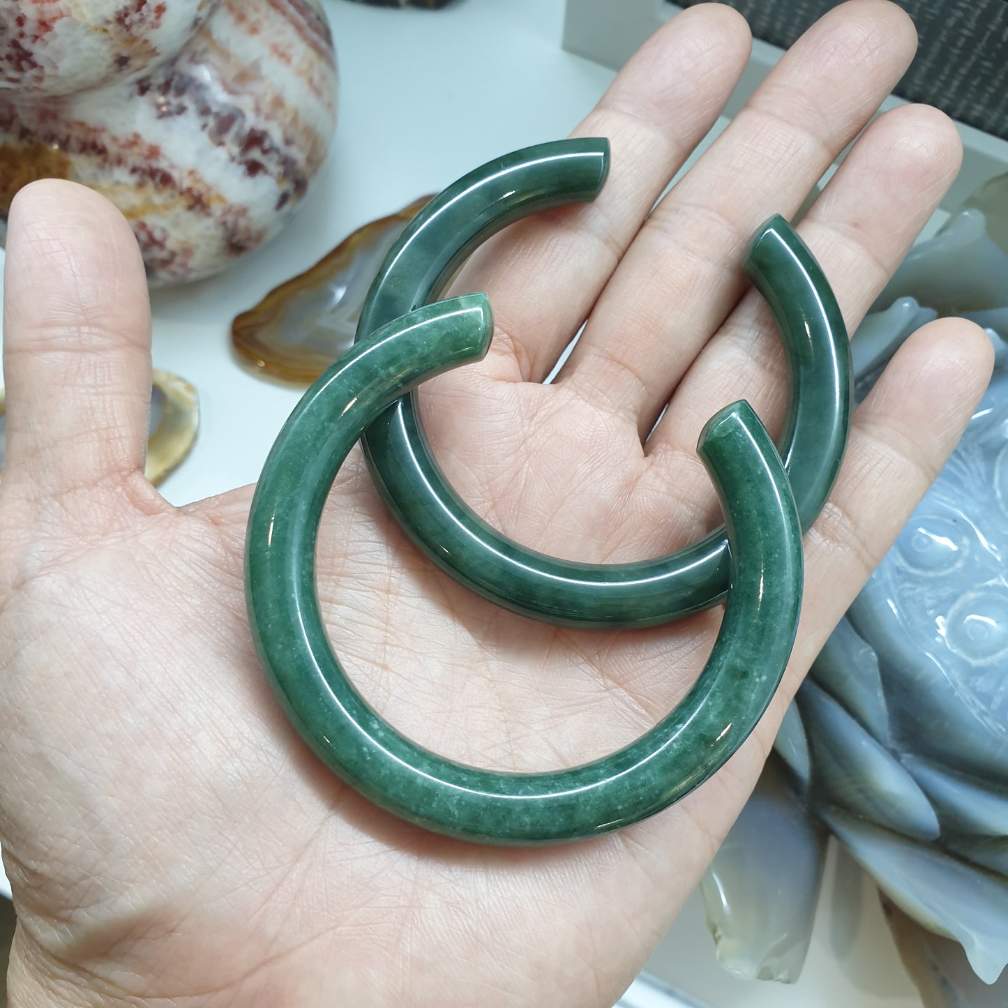 Jade Cuff Bangles Cylindrical Size 54 or 55.5 Natural Green Jadeite