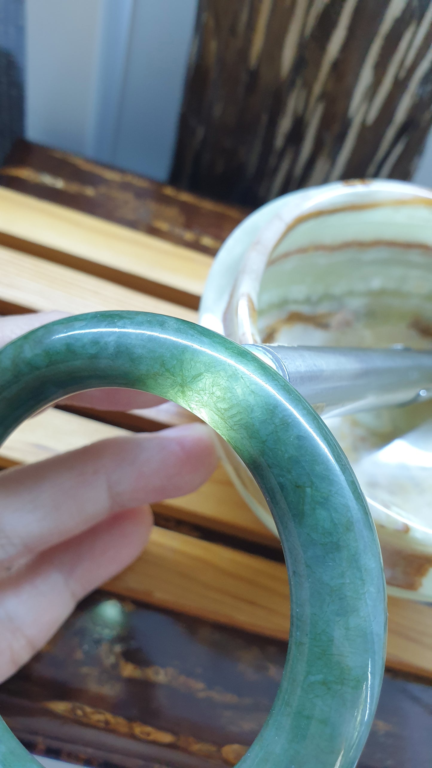 Green Jade Cylindrical Bangle S57.5 Fei Cui Type A Burma Jadeite
