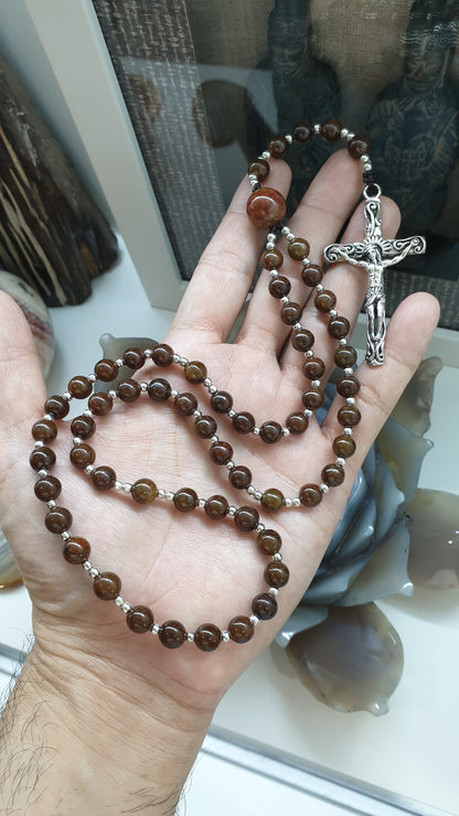 Brown Jade Rosary - 29 inch - Natural Jadeite Vintage Beads - Sterling Silver Crucifix