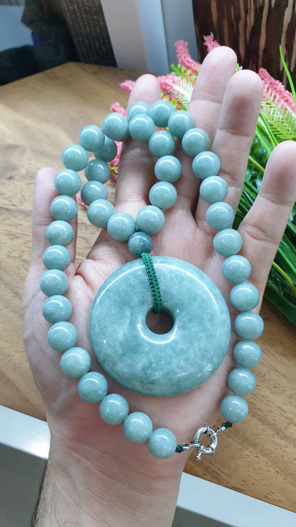 Jade Necklace 20inch with Ping An Kou Pendant Type A Natural Jadeite