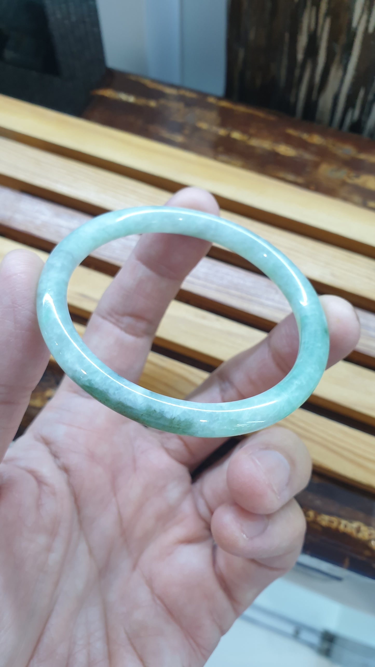 Jade Cylindrical Slim Bangle S56 Type A  Myanmar Jadeite Natural Light Green