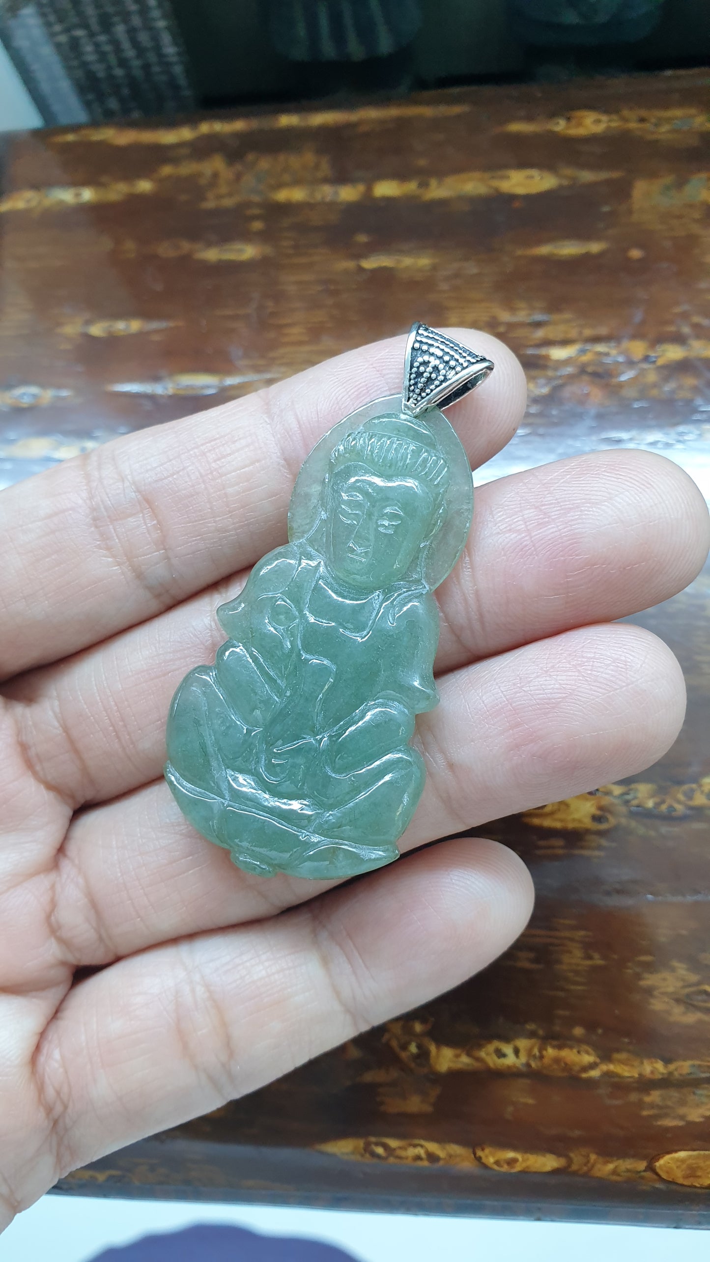 Jade Guan Yin Pendant Type A Natural Jadeite Fei Cui Sterling Silver S925