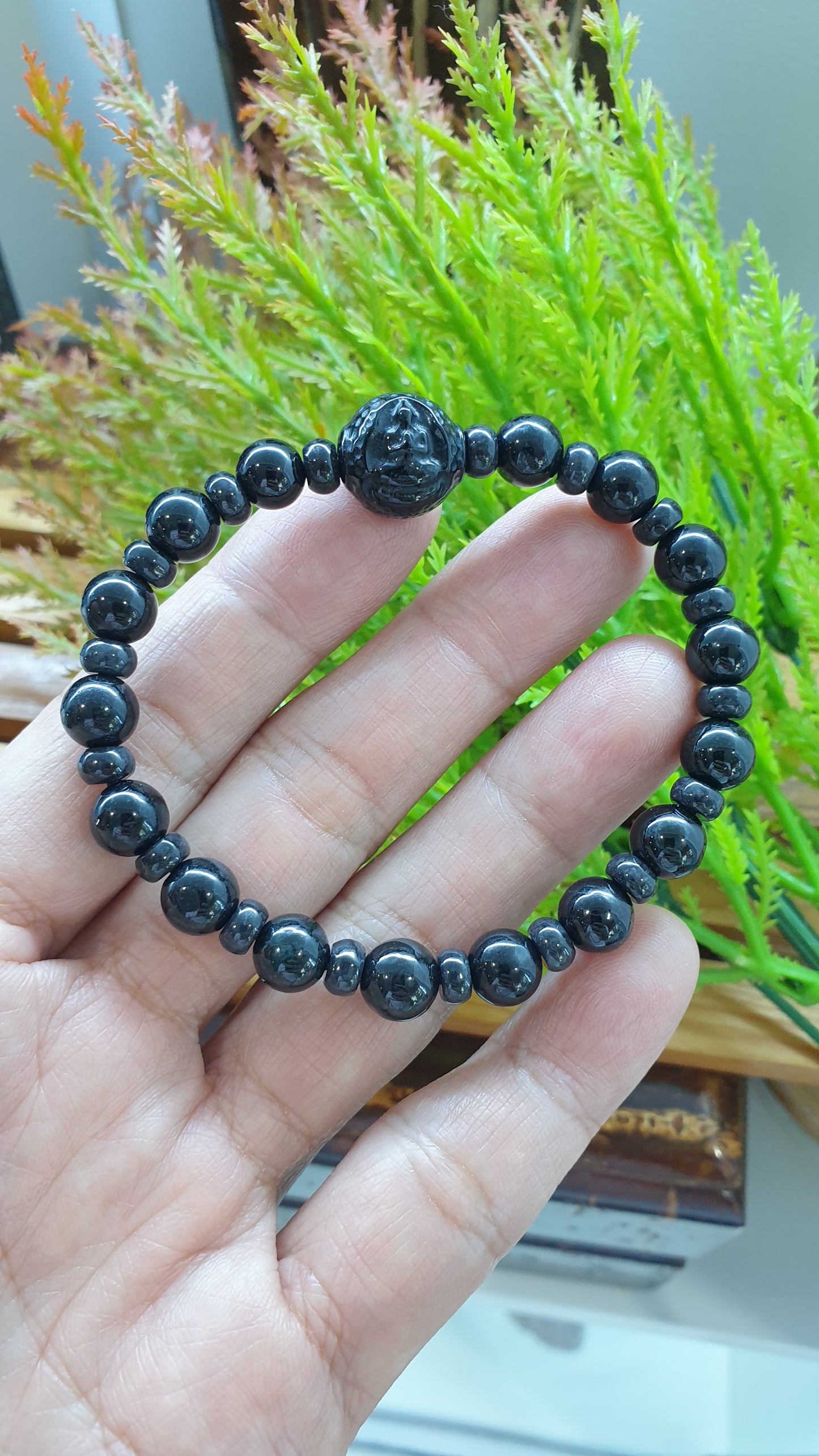Black Jade Buddha Peace Bracelets 17cm Natural Burma Jadeite Alternate Beads