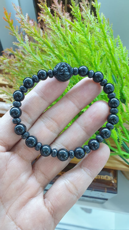 Black Jade Buddha Peace Bracelets 17cm Natural Burma Jadeite Alternate Beads