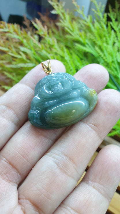 14K Solid Gold Jade Budai Prosperity Pendant Type A Natural Honey Blue Jadeite
