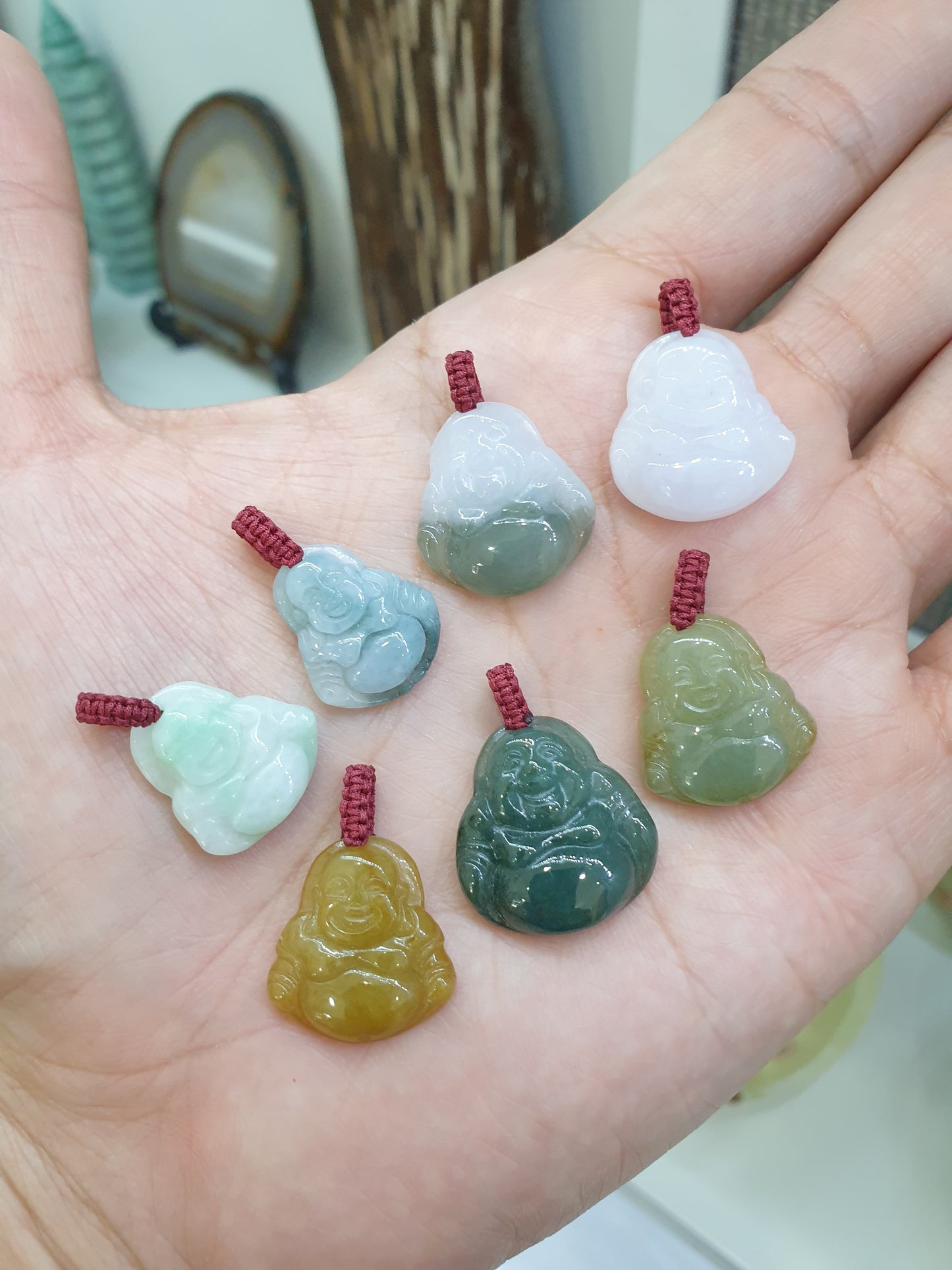 Jade Happy Buddha Pendant | Fei Cui - Type A Jadeite | Handwoven Thread Bail