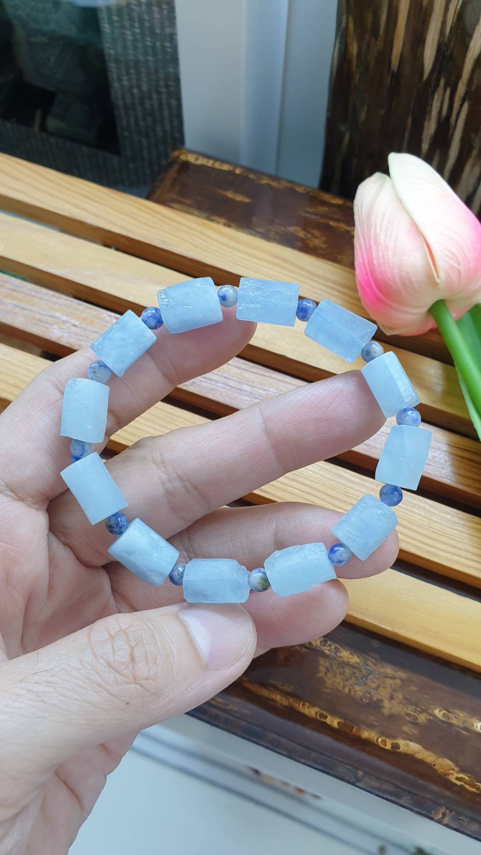 Aquamarine Stretch Bracelets 17cm, Natural Gemstone Rugged Cylinder Beads