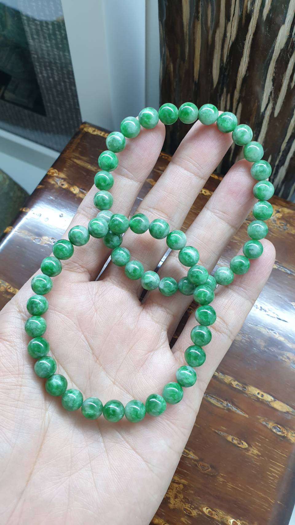 Type A Myanmar Two Tone Green Jadeite 17cm Bracelet with 7.5mm Beads