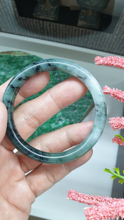 Cylindrical Jade Bangle S56 Slim Type A Natural Blue Jadeite Black Banded
