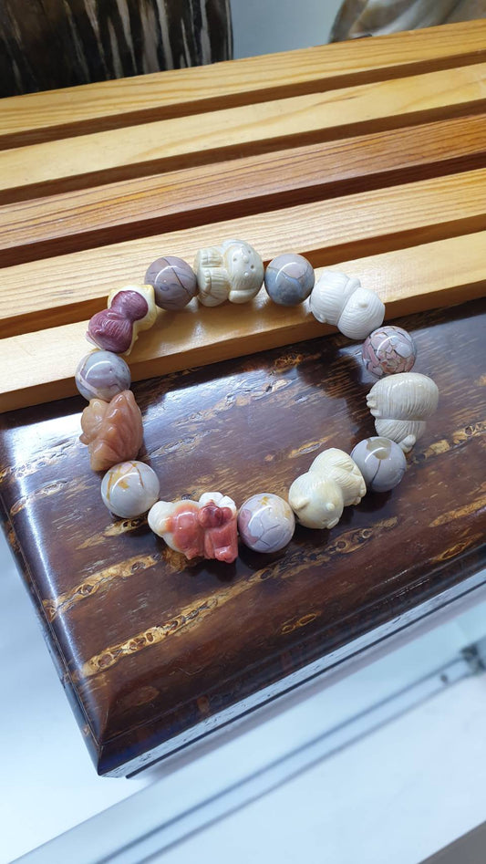 Alxa Jasper Menagerie Charmbracelet 17cm - Natural Gemstone Beads, Animal Charms