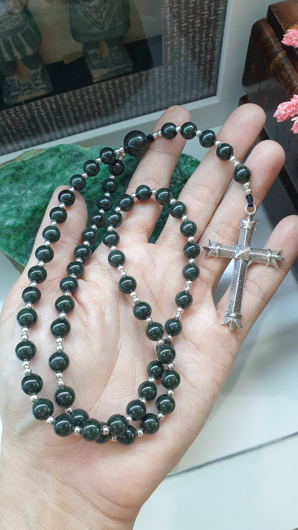 Black Green Jade Rosary 27.5in Type A Natural Myanmar Jadeite Sterling Silver Cross