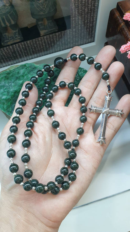 Black Green Jade Rosary 27.5in Type A Natural Myanmar Jadeite Sterling Silver Cross