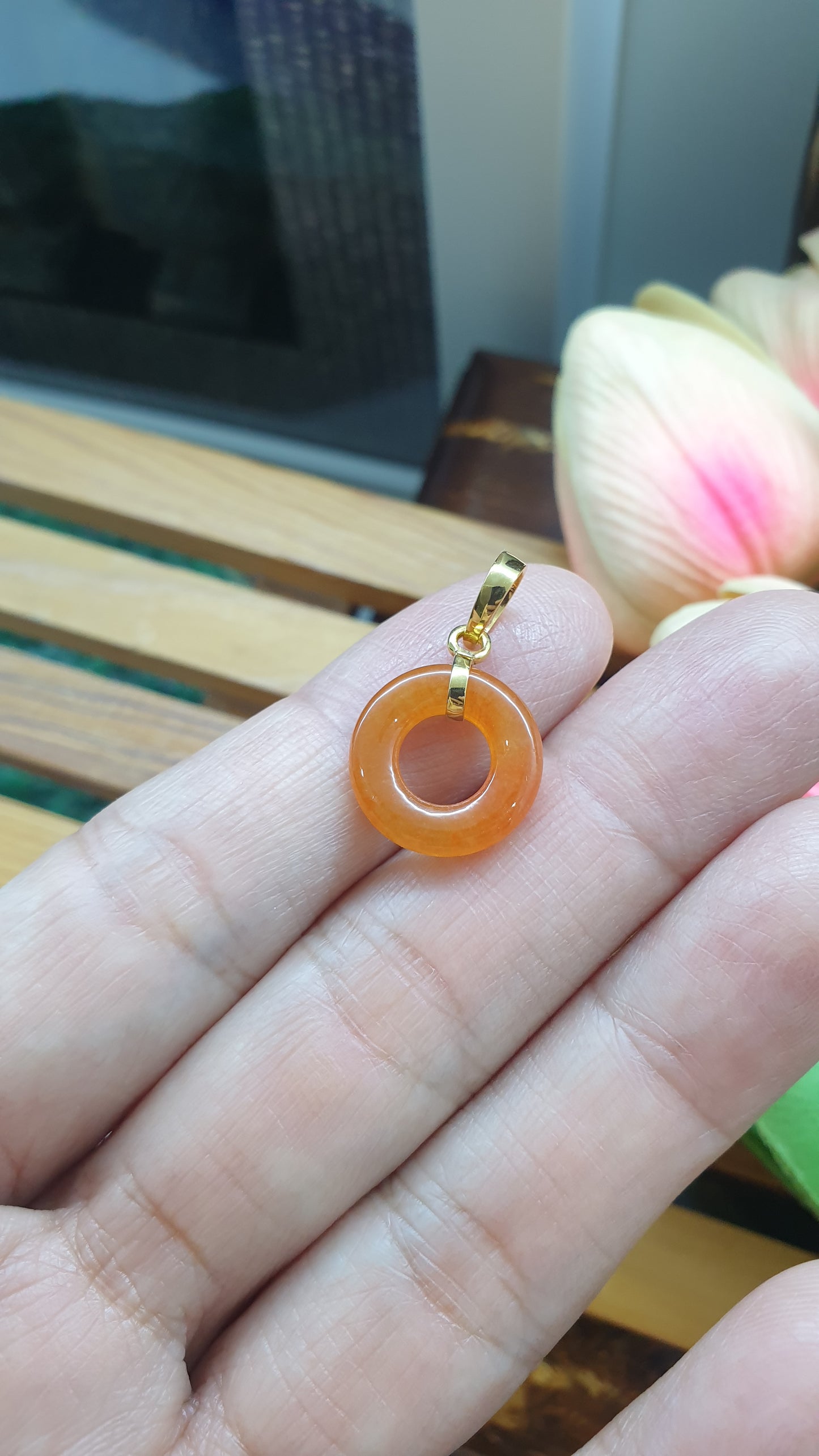 18K Gold Orange Jade Ping An Kou Pendant Natural Myanmar Jadeite