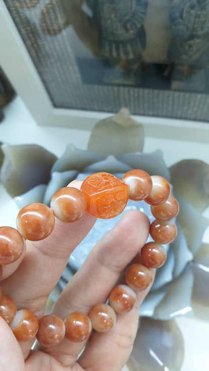 Red Jade Good Fortune Bracelet (17 cm) | 4-Leaf Clover Cylinder Charm | Type A Natural Jadeite