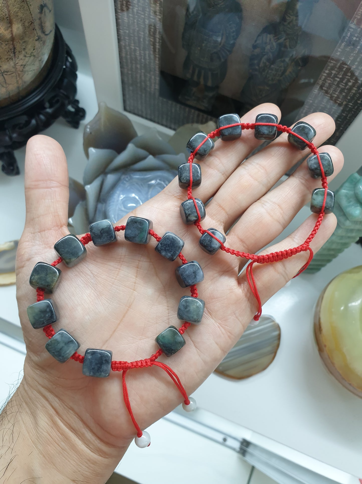 Black Jade Cubes Red Thread Bracelet (Adjustable) | Type A - Natural Jade