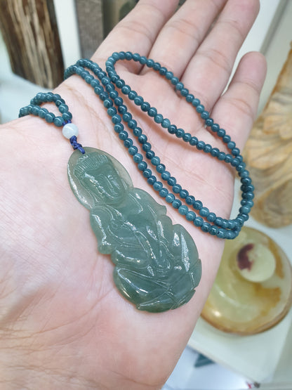 Jade Guan Yin on Blue Jade beaded Necklace (24") | Fei Cui Type A Jadeite | His or Hers Fortune Necklace