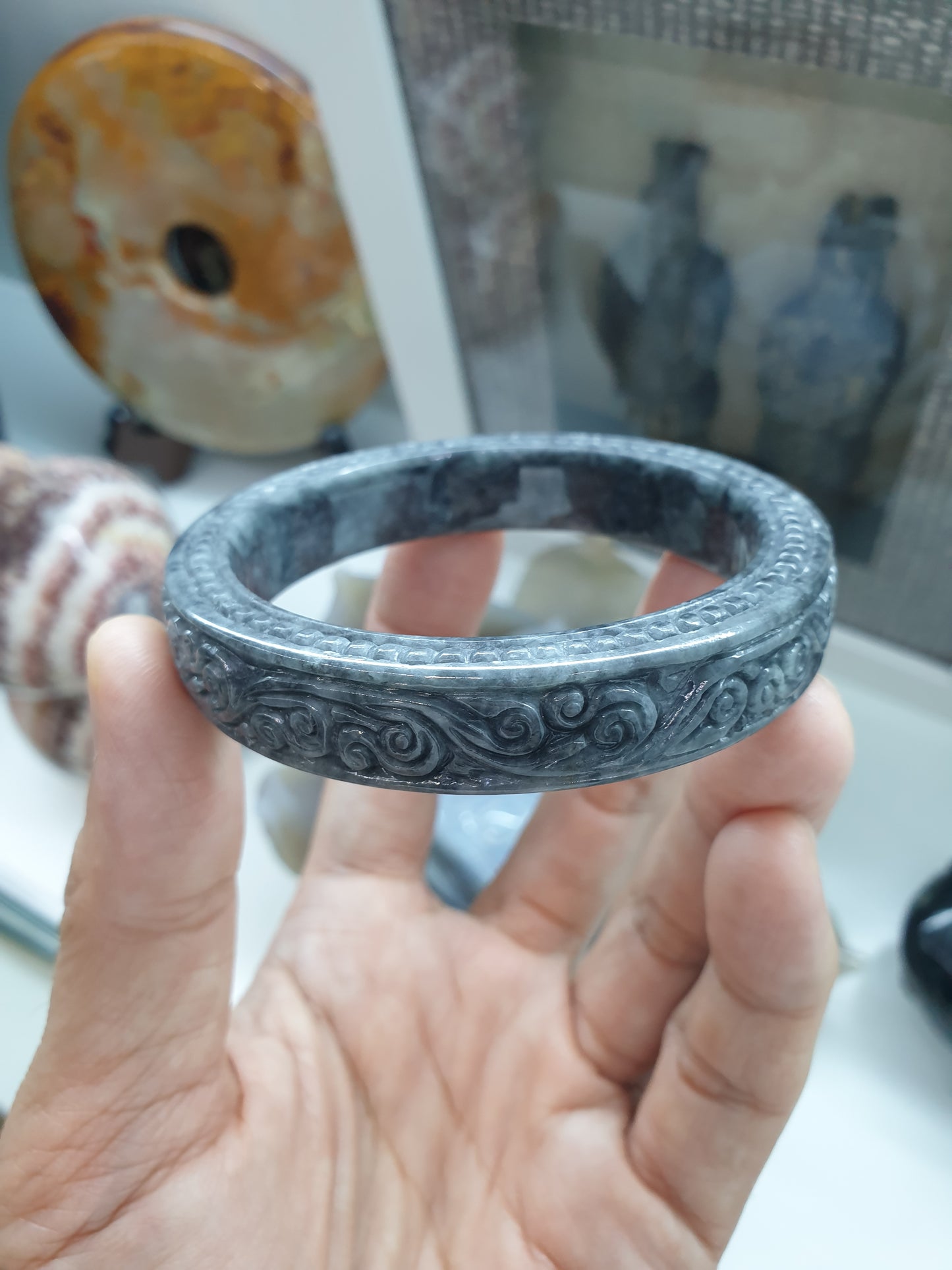 Jade Ru Yi Bangle S58, Elegant Gray Type A Natural Jadeite