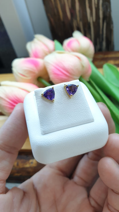 14K Gold Amethyst Stud Earrings Natural Gemstones and Solid Gold