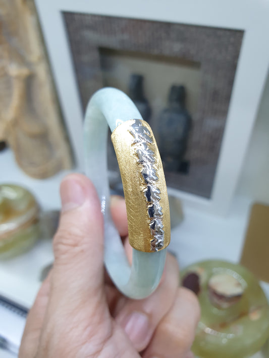 Flying Doves on Jade Bangle (S 57) | Solid 9K Gold, Fei Cui Original Jadeite | Stylish Wrist Accessory for Her