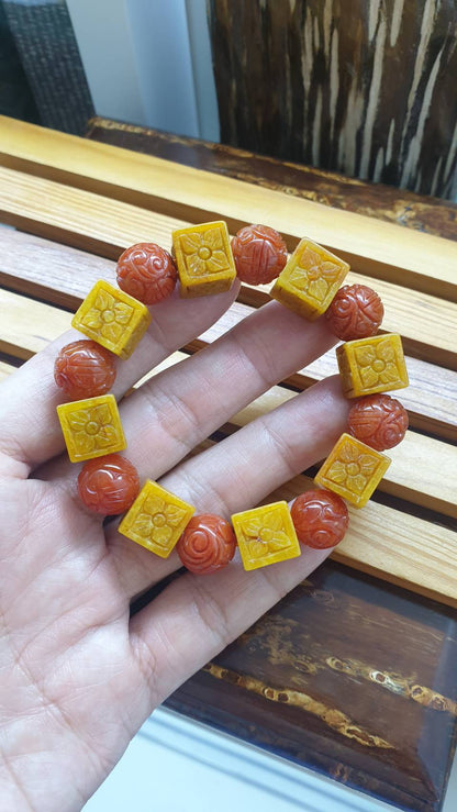 Jade Good Fortune Bracelet 17cm Yellow-Red Jadeite Etched Beads