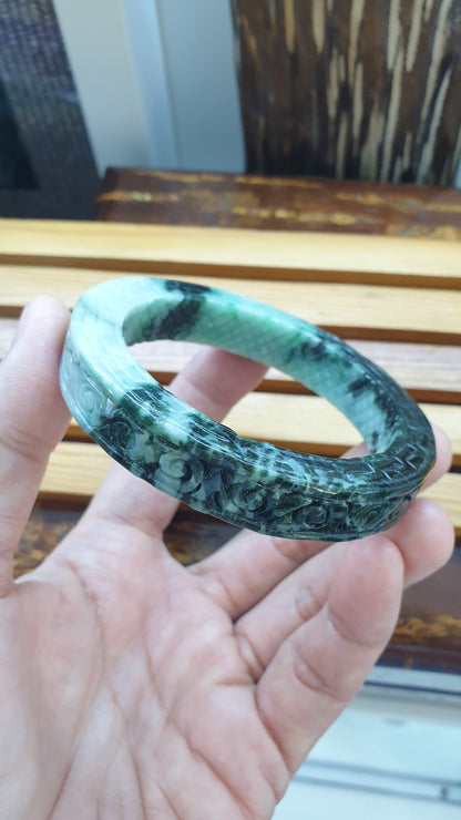 Jade Ru Yi Bangle S59 Two Tone Green Type A Myanmar Natural Jadeite