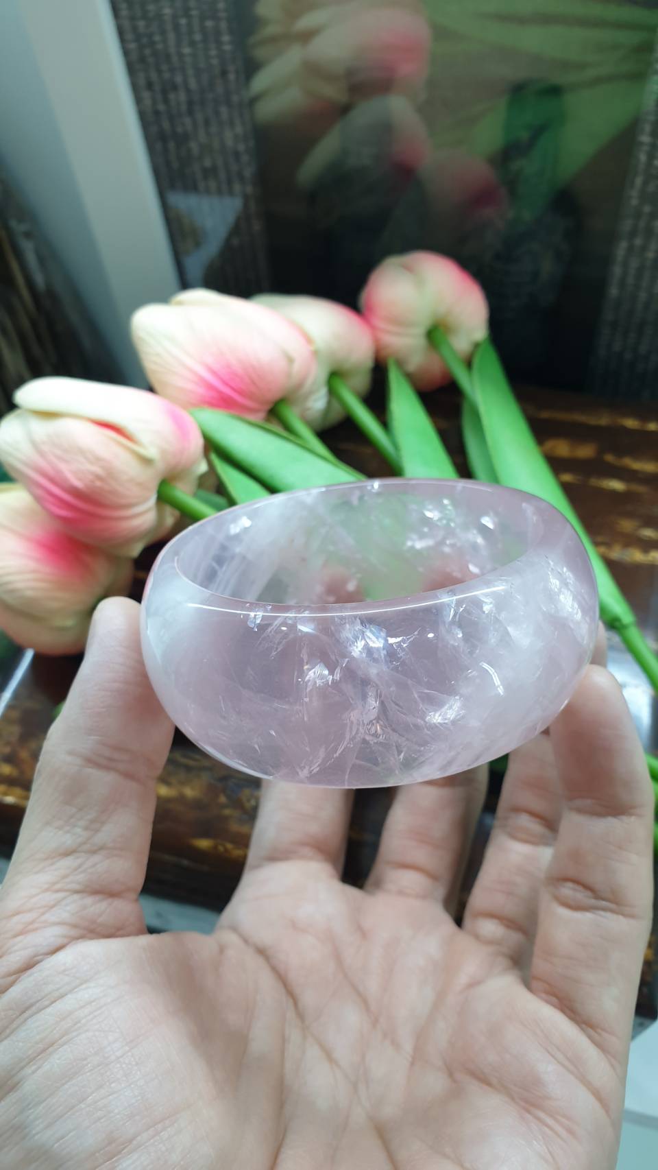 Rose Quartz Tortoise Bangle (Size 58 - 59) | Natural Stone Bracelet