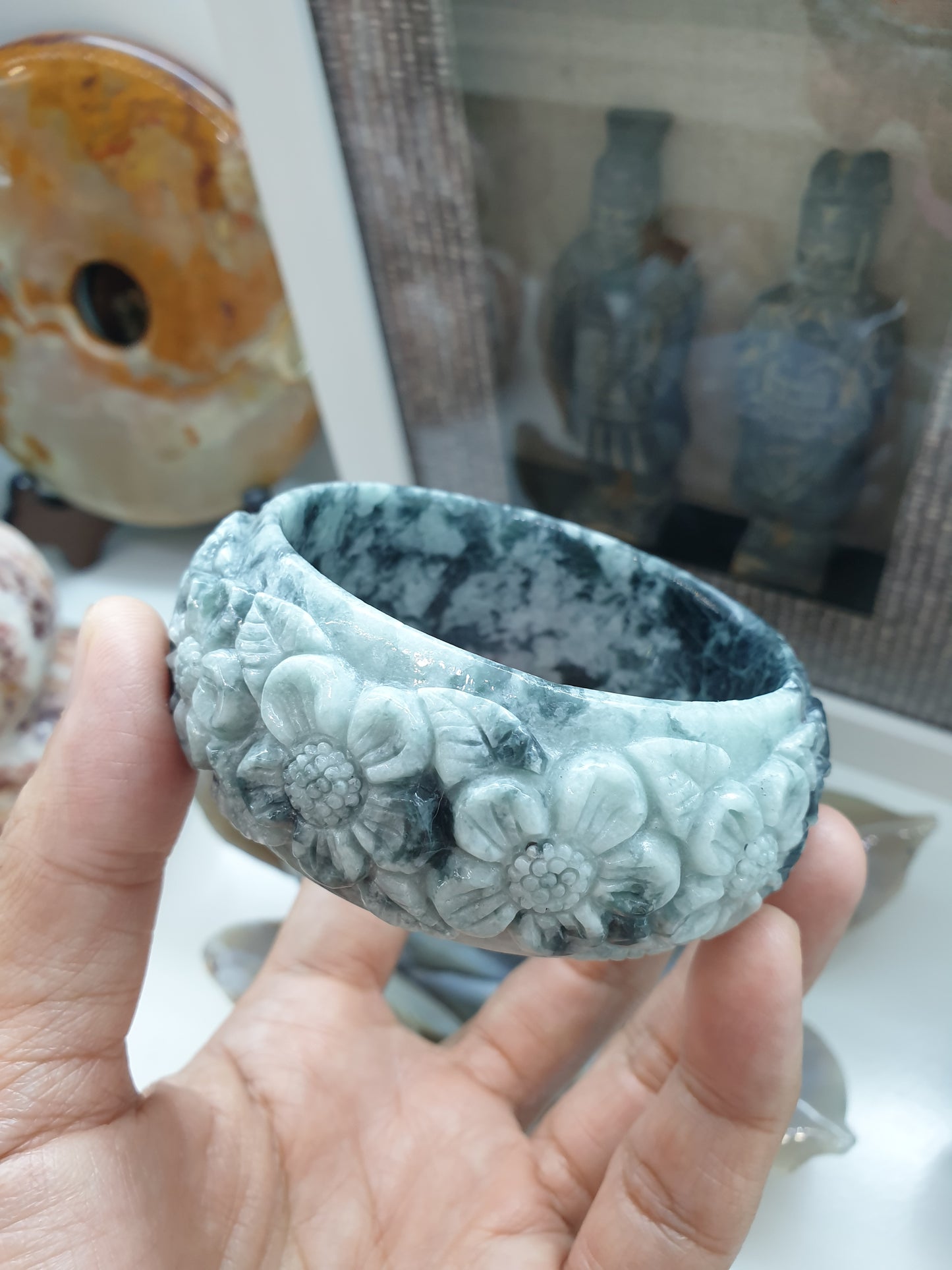 Carved Jade Floral Bangle S62.5 Type A Natural Jadeite Marbled Blue Gray