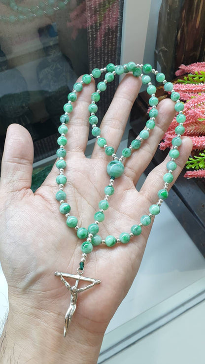 Green Jade Rosary 26in Type A Natural Myanmar Jadeite Sterling Silver Crucifix
