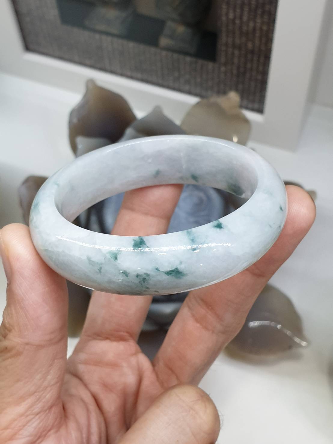 White Jade Everyday Bangle S55 Natural Green Dots Type A Myanmar Jadeite