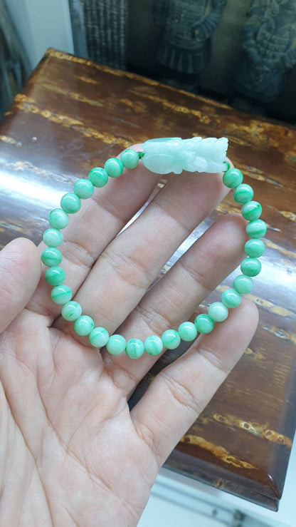 Jade Pixiu 17cm Bracelet - Type A Jadeite in Moss in Snow and Apple Green