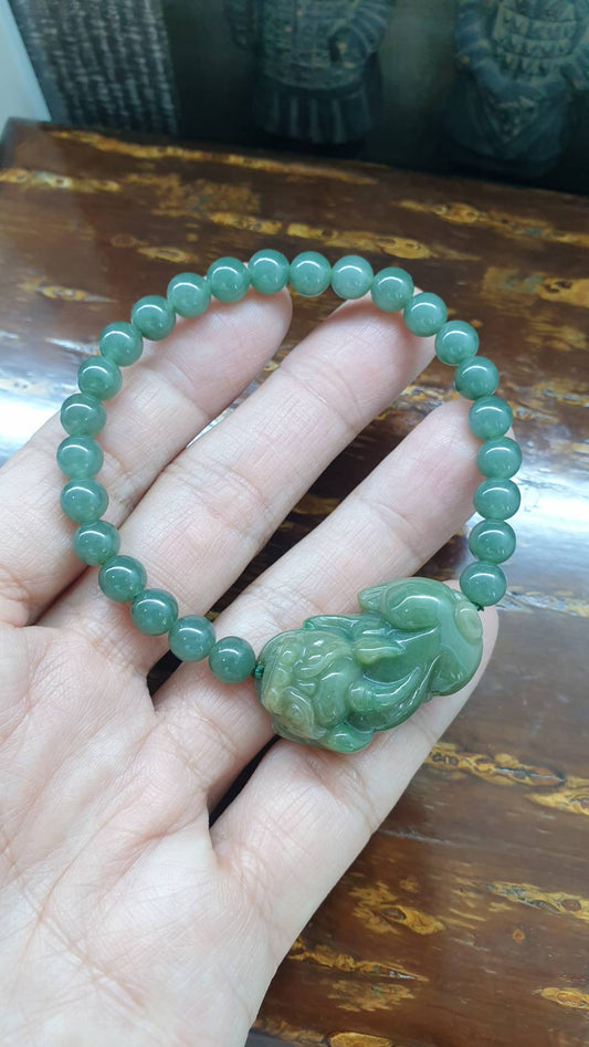 Green Jade Pixiu Wealth Bracelet 17cm Fei Cui Type A Natural Jadeite
