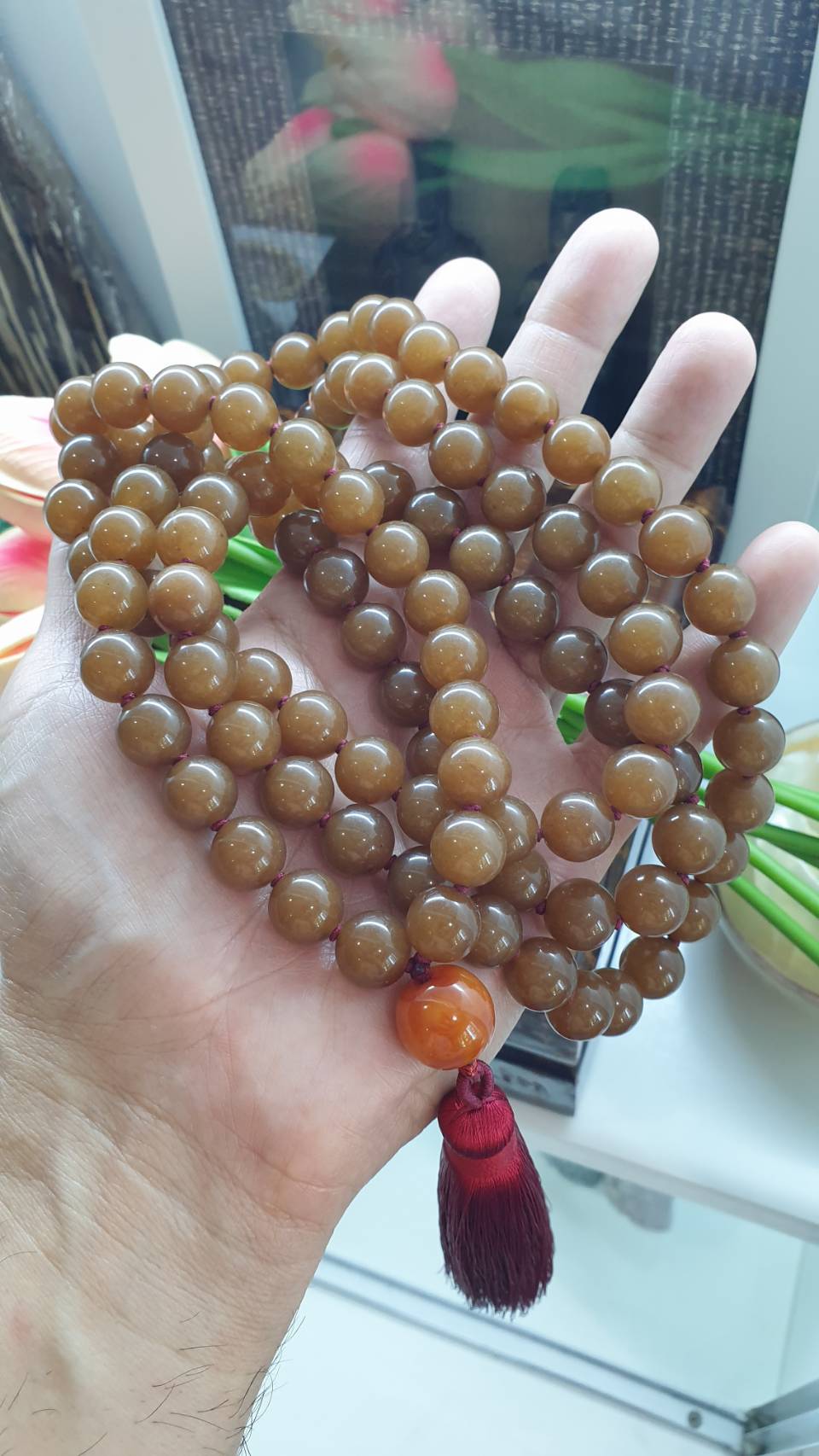 108 Brown Jade Beads Japa Mala - Handcrafted Meditation Beads