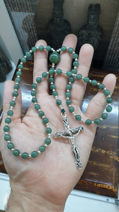 Jade Beads Rosary (24.5 inch) | Type A Natural Blue-Green Jadeite + Sterling Silver Crucifix