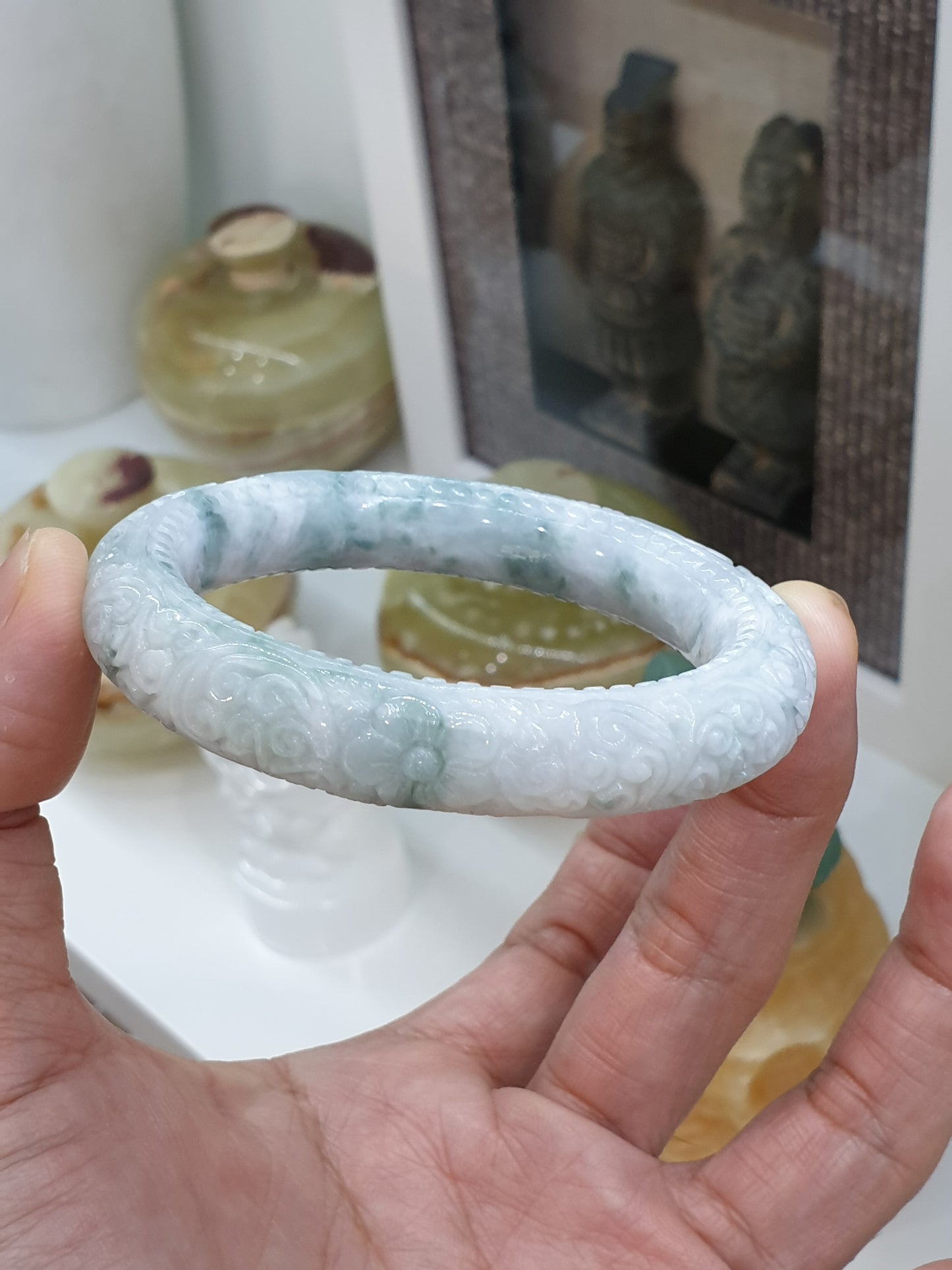 Carved Jade Floral Bangle S56 Cylindrical Type A Moss in Snow Jadeite