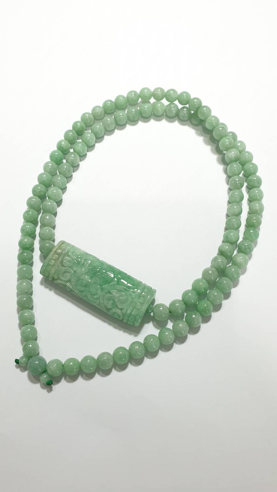 Jade Necklace 24inch with Floral Cylinder Type A Jadeite Natural Pastel Green