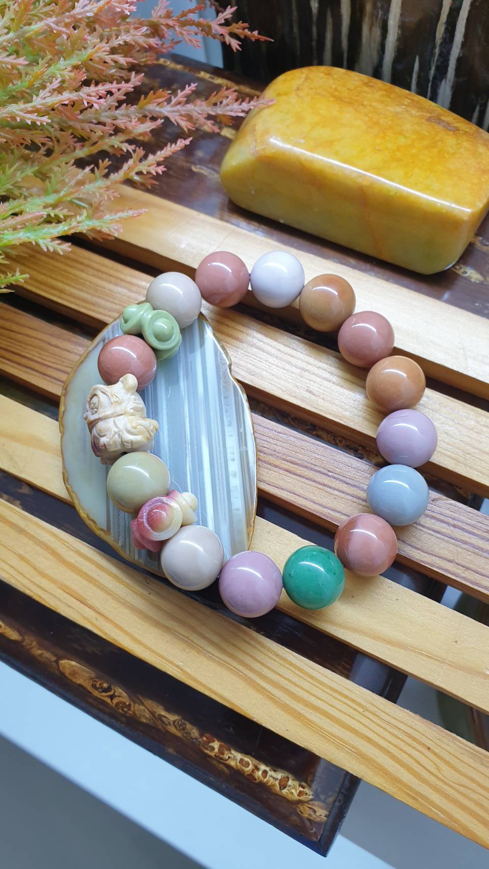 Alxa Jasper Singha Bracelet 17cm Earth Tone Natural Gemstone Beads and Charm