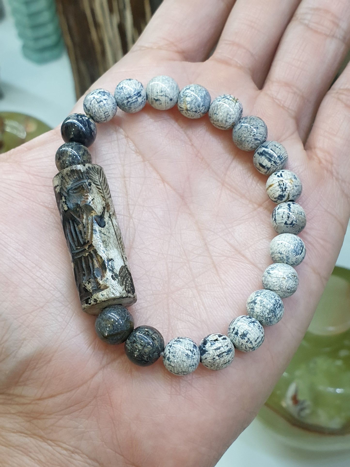 Vintage Intaglio Stamp Cylinder on Stegodon Fossil Beads Bracelet 17cm Natural Stones