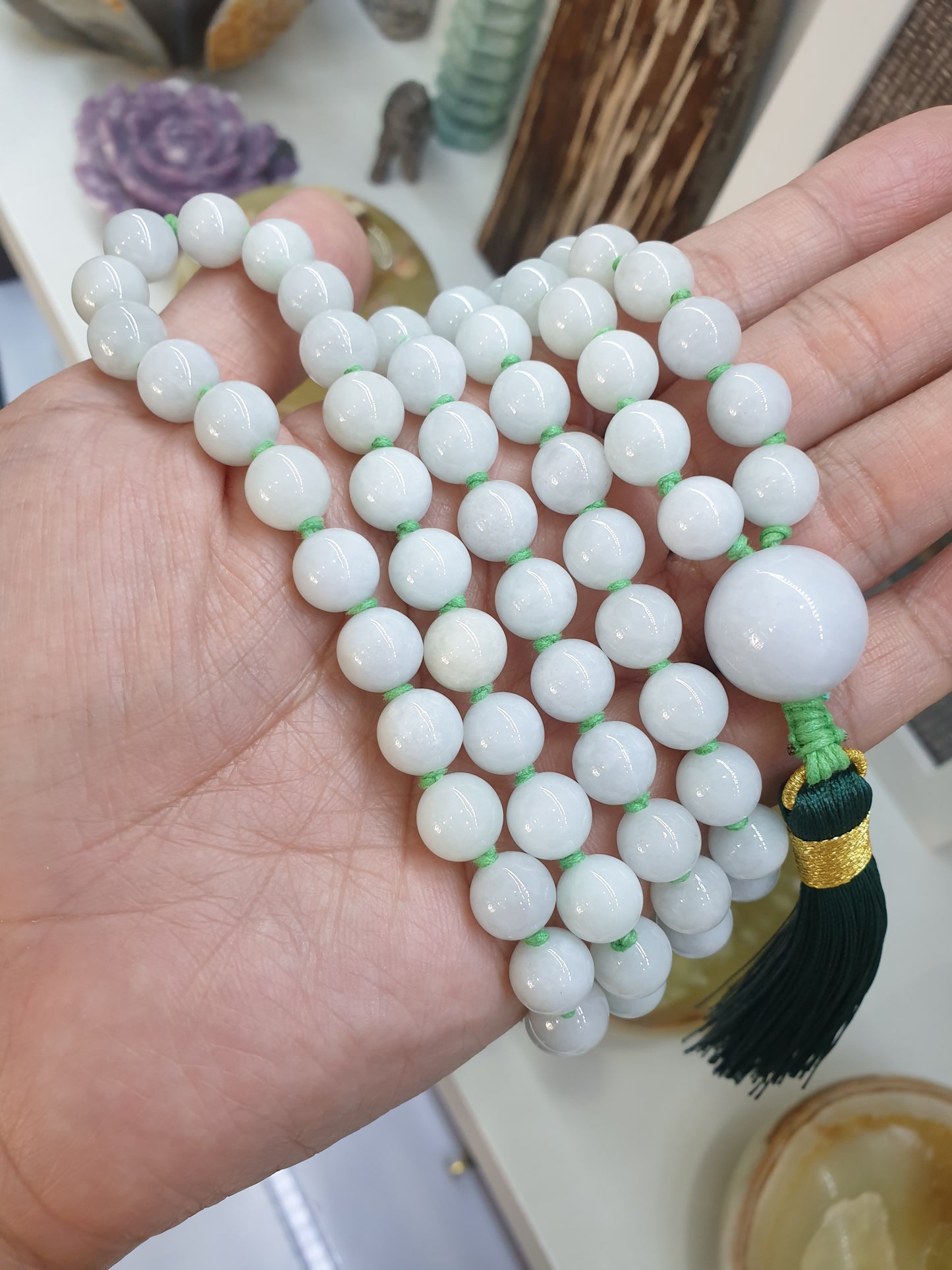 108 Beads Jade Japa Mala | White Green Jadeite Beads - Type A | Handcrafted Meditation Beads