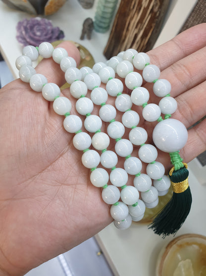 108 Beads Jade Japa Mala | White Green Jadeite Beads - Type A | Handcrafted Meditation Beads