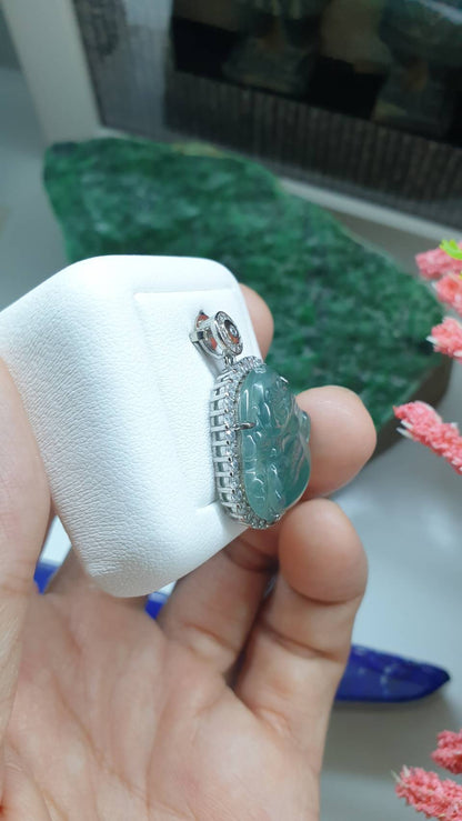 Happy Buddha on Silver Pendant Smoky Blue Jade Type A Natural Jadeite