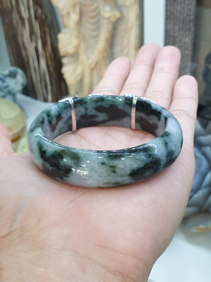 Fortune Dragon Jade Bangle (S 59) | Sterling Silver | Type A Natural Jadeite | Statement Wrist Accessory